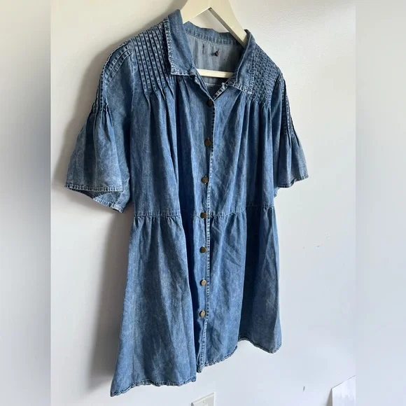 Denim Babydoll Dress Pleated Yoke Button Front Blue Size XL Cotton - Picture 7 of 13